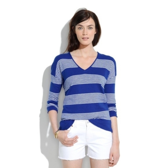 Madewell Deckhouse Striped Pullover Sweater Wool Blend Blue Casual Comfy V Neck - Picture 1 of 10